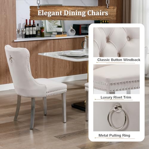 7-Piece Extendable Dining Table Set for 6-8 People 63-78 Inch Kitchen Table Set with 6 Beige Upholstered Chairs Modern White Faux Marble Rectangular Dining Room Table Set for Kitchen Apartment Goujxcy