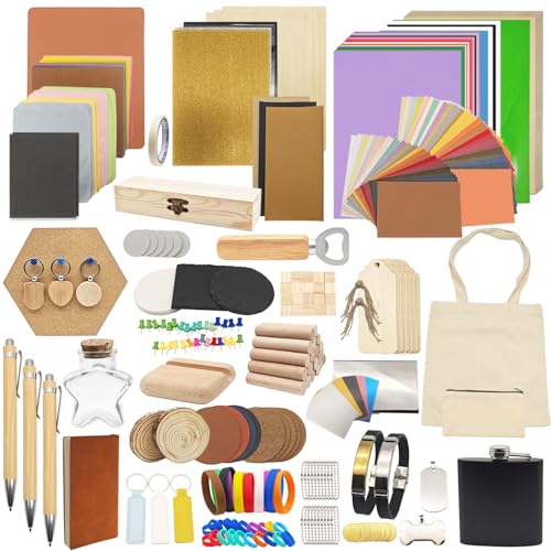 366PCS Engraving Material Box: DIY Materials to All Laser Engravers with Instructions - 43 Kinds of Laser Engraving Supplies Including Fabric, Metal, Wood, Acrylic, Rubber, PU Leather Lamnhin
