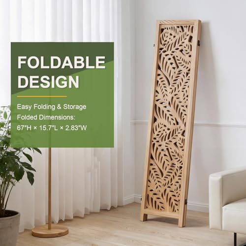 Leaf-Carved Room Divider Folding Privacy Screen, 67 Inch Tall Wooden Carved Room Divider, Portable Divider for Room Separation, Boho Room Partitions for Home Office (Natural) ZFFURN