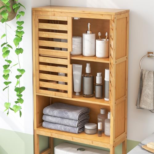 Tangkula Over The Toilet Storage Cabinet, Tall Natural Bamboo Bathroom Shelf Over Toilet with 2 Doors & Open Shelf, Freestanding Toilet Bathroom Space Saver, 24.5 x 9 x 67 Inch (Natural) Tangkula