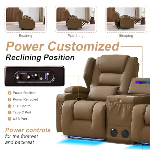 DRMBOOK Power Loveseat Recliner Sofa, Faux Leather Wall Hugger Reclining Couch with Console, Electric Double Reclinable Movie Seating 2 Person Recliner with LED/USB/Type C/Bluetooth Speakers, Khaki