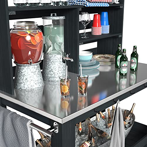 GDLF Potting Bench Table Large Outdoor Kitchen Island Prep Station with Stainless Steel Top Waterproof Cover, Hardwood, 66.9" H GDLF