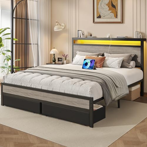 Fluest Queen Bed Frame,Queen Bed Frame with Storage Headboard & 2 Storage Drawer, Charging Station & LED Light, No Box Spring Needed, Noise Free, Easy Assembly, Rustic Grey Fluest