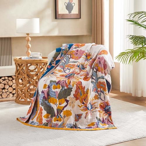 XIBLC Boho Throw Blanket, 100% Cotton Ultra Soft Luxury Throw Rustic Quilt, 50"x60" Floral Bird Butterfly Farmhouse Decor Bed Blankets, All Season Rustic Reversible Bohemian Throw for Bed - Yellow XIBLC