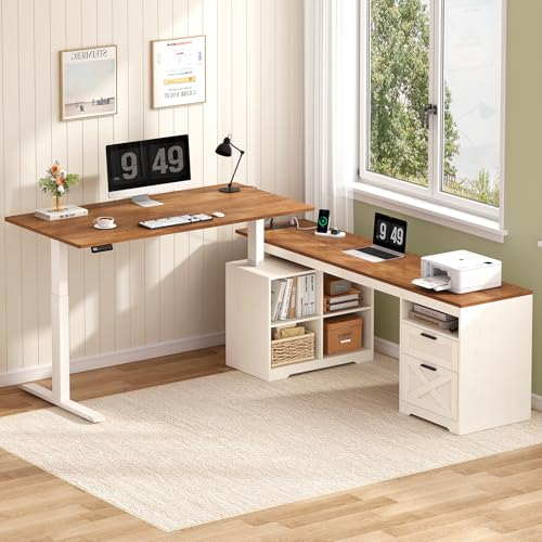 YOMILUVE Farmhouse L Shaped Standing Desk, 66 inch Corner Electric Standing Desk with Drawers & Storage Shelves, Height Adjustable Computer Desk with Power Outlets for Home Office, Antique White YOMILUVE