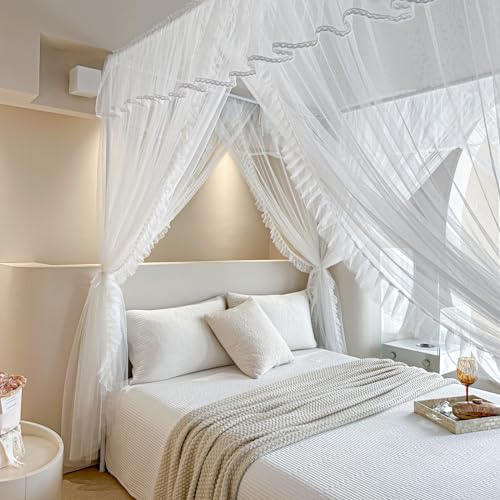 AIKASY 4 Corners Post Ruffle Princess Bed Canopy Curtain - Double Layer Cozy Drape Netting with 4 Openings - Elegant Mosquito Net for Girls and Adults Bedroom Decoration (White, Queen)