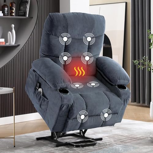 Power Lift Recliner Chair for Elderly, Electric Massage Recliner with Lumbar Heat, Fabric Single Sofa with 2 Cup Holders, USB Ports & Side Pockets, Infinite Position Motorized Chair for Living Room