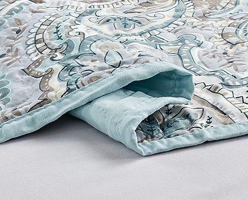 Grand Linen 3 Piece Oversized Lightweight All-Season Paisley Design Quilt Set, King Size, 115” Wide x 95” Long, Soft Microfiber Bedspread with 2 Shams, Blue, Grey and Brown Colors, Reversible Coverlet Grand Linen