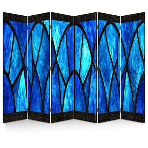6 Panels Folding Screen Room Divider Blue Stained Glass Window Seamless for Modern Design Luxury Interior Canvas Screen Room Separator Freestanding Protective Decorative Divider Privacy Partition VETEB