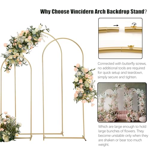 Vincidern Wedding Arch Backdrop Stand 6.6FT, 5.9FT, 4.9FT Set of 3,Metal Arch Backdrop Stand for Wedding Ceremony Baby Shower, Outdoor Indoor Birthday Party, Garden Floral Balloon Arch Decoration,Gold Vincidern