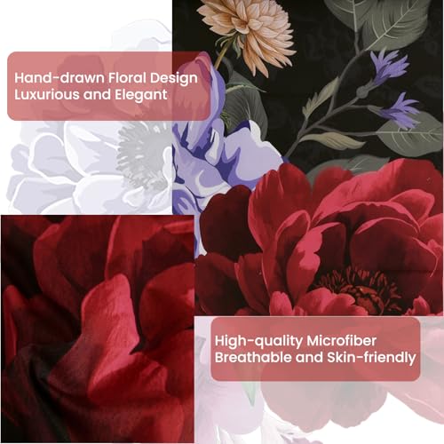 WONGS BEDDING Black Comforter Set King Size, 7 Pieces Floral Bed in a Bag Set, Luxury Red Flower Bedding Set, Soft Microfiber for All Season with Pillowcases & Shams,Sheets(90"×104") WONGS BEDDING