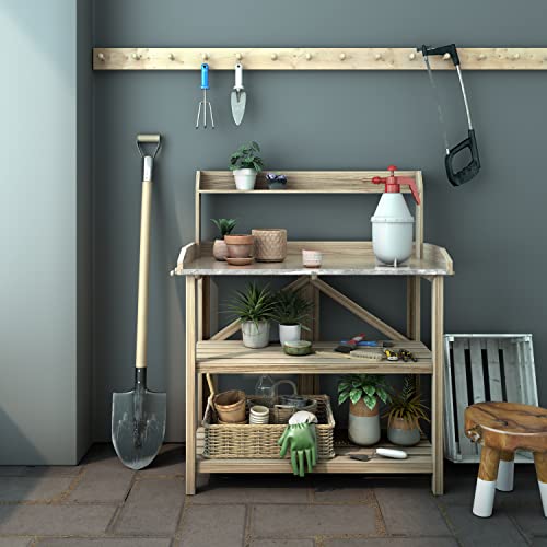 S AFSTAR Garden Potting Bench, Gardening Work Station Table with 2 Storage Shelves, Fir Wood Structure and Metal Tabletop, Gardening Table Potting Benches for Outside Backyard Balcony S AFSTAR
