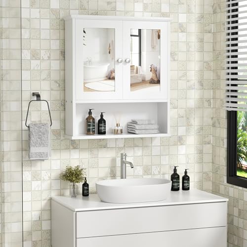 Shintenchi Bathroom Cabinet with Mirror, Wood Medicine Cabinet with Adjustable Shelf, Wall Mount Cabinet Storage, Cupboard, White Shintenchi