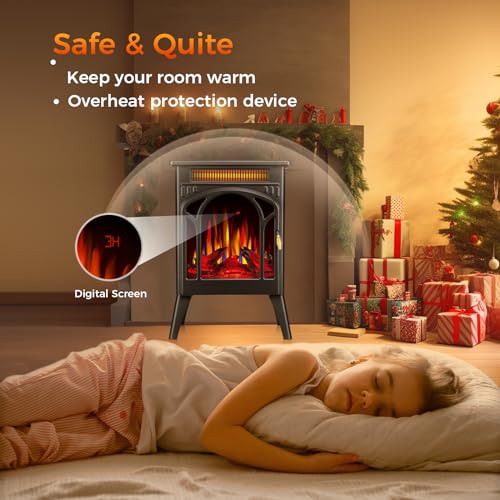 Electric Fireplace Stove, 1500W, Fast Heating, X Infrared Fireplace Heater with Remote Control, 8H Timer, Freestanding Stove with Adjustable 3D Flame Overheat Protection, Indoor Fireplace Electactic