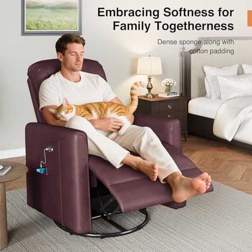 Welzona Power Swivel Rocker Recliner, Power Recliner Chair, 360° Swivel Small Recliners for Small Spaces, Infinite Position Rocking Chair Nursery, PU Leather Living Room Chairs USB Port, Burgundy Red