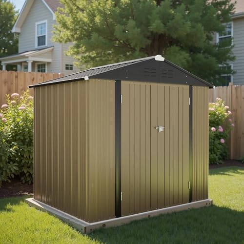 Greesum 8×6FT Outdoor Storage Shed, Metal Patio Storaged Sheds with Lockable Doors, Sheds & Outdoor Storage for Bike, Backyard, Pool and Garden, Brown Greesum