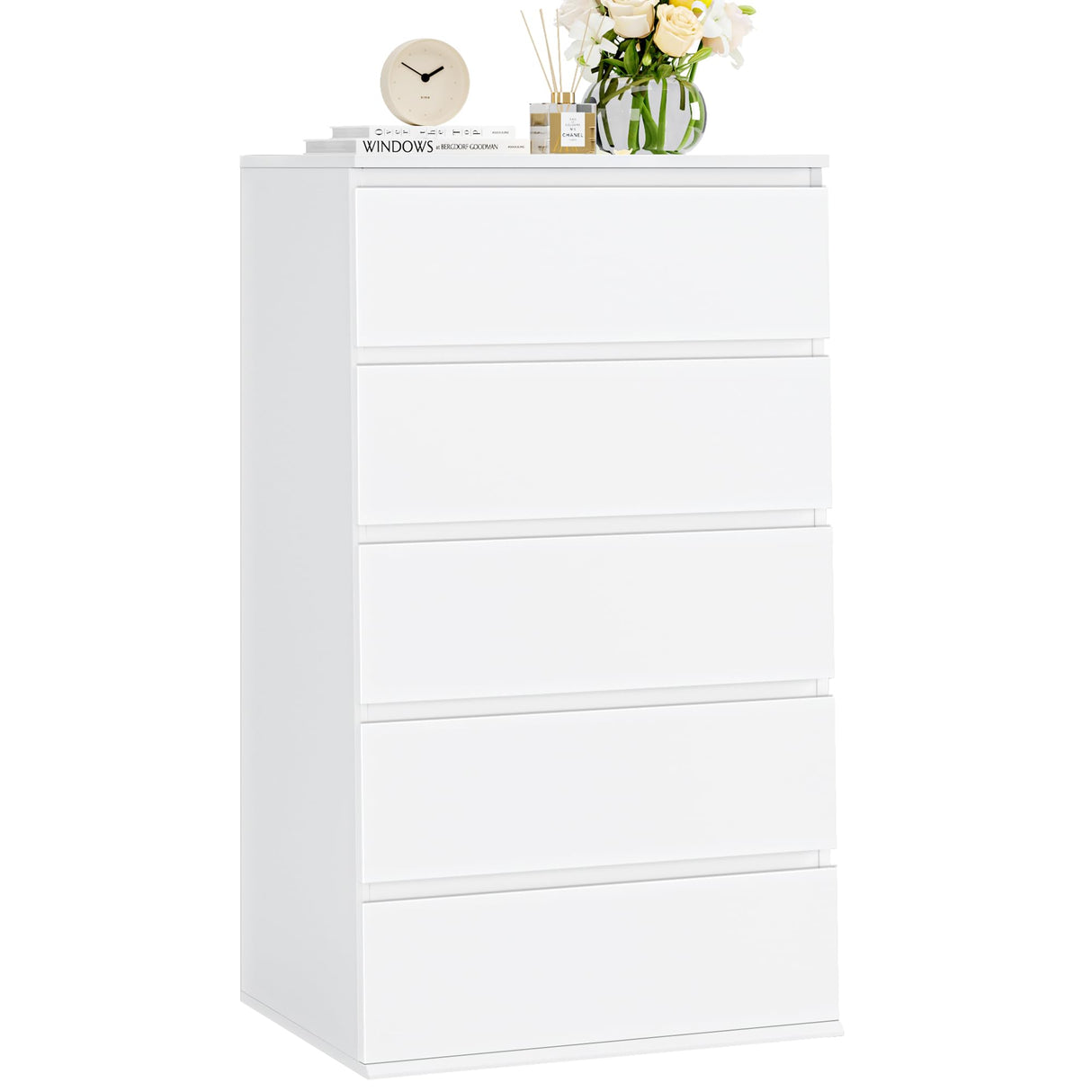 FOTOSOK White Dresser, 5 Drawer Dresser Tall White Dresser with Large Storage Space, Modern Storage Chest of Drawers, 23.6L x 17.6W x 39.1H Inch Storage Organizer Cabinet for Home, White FOTOSOK