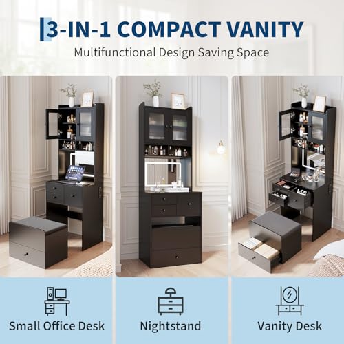 Garvee 3 in 1 Vanity Desk with LED Light, Tall Makeup Vanity Set with 2 AC Outlets & USB-c, Dressing Table with Drawers & Acrylic Doors, Nightstand Vanity Mirror, Jewelry Box, Cushioned Chair, Black Garvee