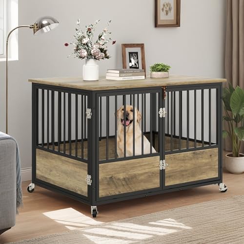 DWVO Dog Crate Furniture with Wheels, 43 Inch Dog Kennel Indoor Furniture End Table Dog Crate for Dogs, Farmhouse Decorative Wooden Dog Cage Table with Double-Doors, Chew-Resistant, Greige DWVO