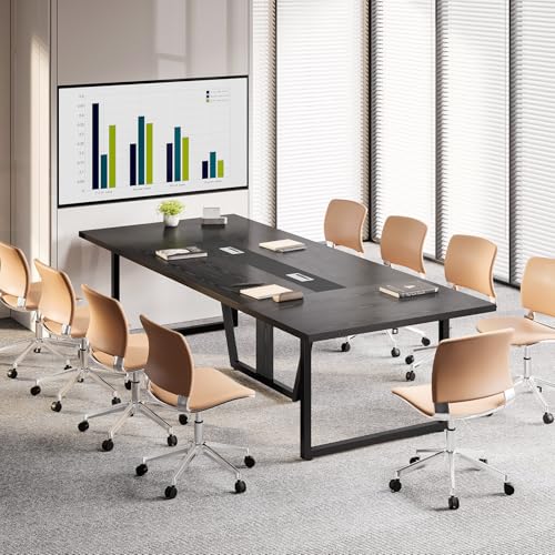 LITTLE TREE 8FT Conference Table for 10 People, Large Meeting Table, Modern Wooden Conference Room Table with Cable Management, Business Training Table with Strong Metal Legs for Office, Black LITTLE TREE