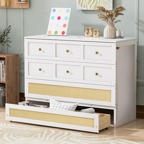 Ball & Cast Murphy Bed Full Size Bed Frame with Large Drawers,Rattan Wood Bed w/Slat Support & No Box Spring Needed,Space Saving,for Small Room,White Ball & Cast