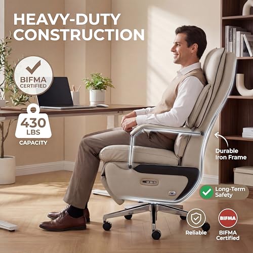 Dual Motor Executive Home Reclining Office Chair with Footrest - One-Click Electric Recline with Massage & Pillow Support Big and Tall PU Leather Ergonomic Desk Chair, High Back Wide Seat (White) COTYFLY