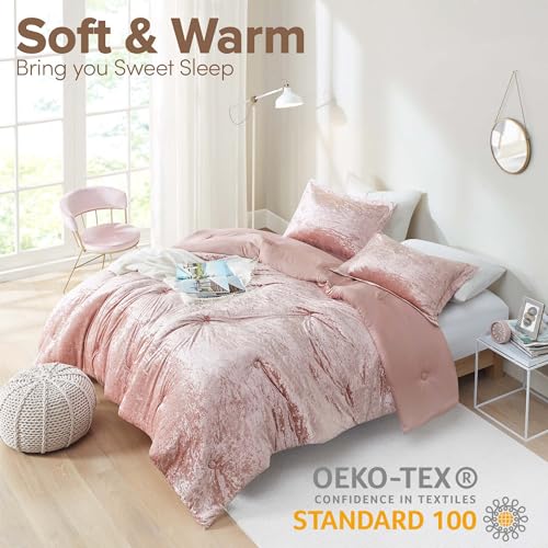 Comfort Spaces Juliette Luxe Comforter Set Velvet Lush with Soft Brushed Microfiber Reverse, All Season Cozy Velvet Bedding Sets, Fluffy Comforter Bed Set, Matching Sham, Blush Full/Queen 3 Piece Comfort Spaces