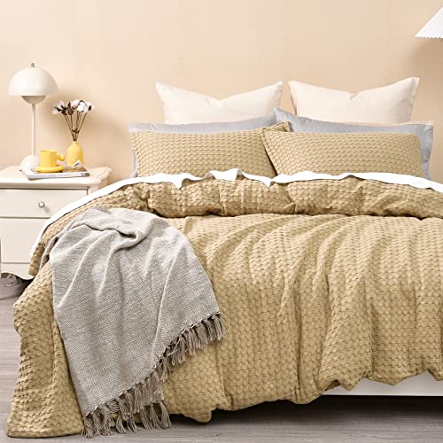 PHF 100% Cotton Waffle Duvet Cover Full, Ultra Soft Skin-Friendly Duvet Cover Set for All Season, Luxury Decorative Textured Comforter Cover with Pillow Shams Bedding Collection, 80"x90", Khaki PHF