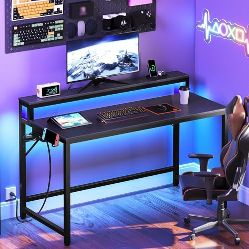 YATINEY 47.2" Computer Desk with Charging Station and LED Lights, Gaming Desk with Monitor Stand, 2-Tier Home Office Desk with 4 Side Hooks, for Living Room, Home Office, Black DN12UDBB YATINEY