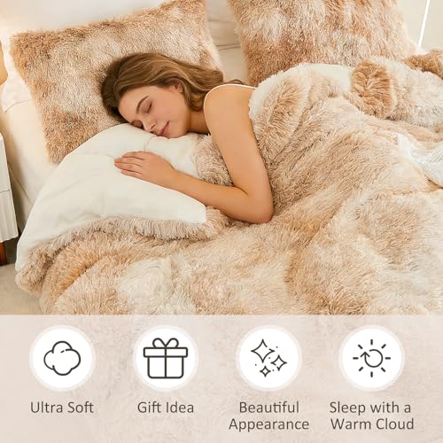 EMME Luxury Khaki Fuzzy Duvet Cover Set Twin Size Fluffy Comforter Cover Set 2 Pieces Shaggy and Plush Soft Bedding Duvet Covers (Tie Dye Khaki, Twin) EMME