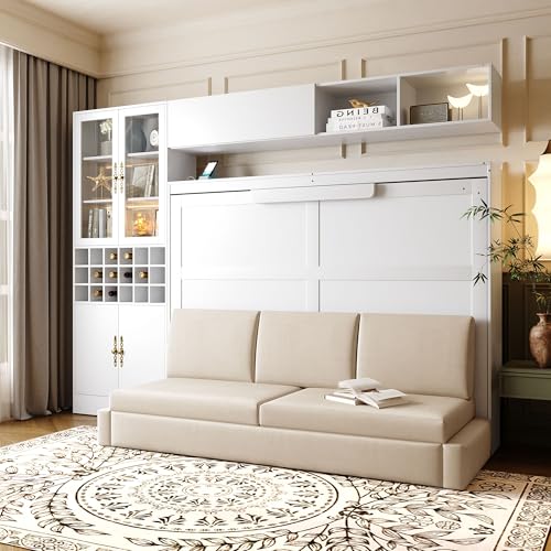 Merax Full Size Murphy Bed Wall Bed with Sofa, Shelves, USB & Light - Space Saving Foldable Bed for Small Apartments, White Merax
