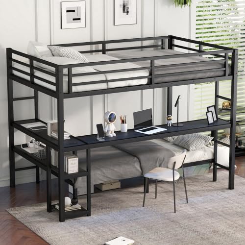 Full XL Over Twin Bunk Bed with Desk and Shelves, Metal Loft Bed with LED and USB, Multiple Placement, Black Bellemave