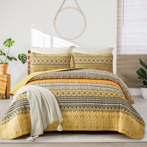 WONGS BEDDING Boho Queen Quilt Set, Yellow Orange Bohemian Queen Quilt Bedding Set, Lightweight Microfiber Bed Decor Bedspread for All Season 96"x90"(3 Pieces) WONGS BEDDING