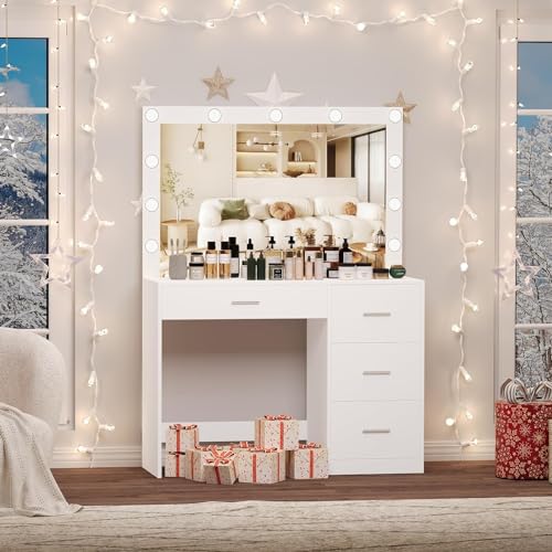 Irontar Makeup Vanity Table, Makeup Table with Large Mirror and 11 LED Lights, Brightness Adjustable, Dressing Table Desk with 4 Drawers, Vanity Desk for Girls, Women, White WDT002W Irontar