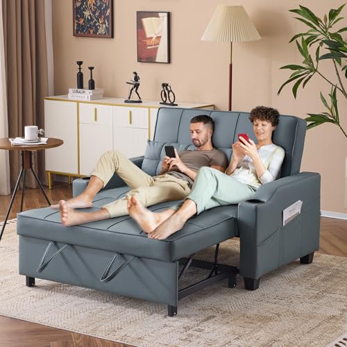 VINGLI Blue Grey Futon Sofa Bed Convertible Loveseat Sleeper Couch, Faux Leather Pullout Sofa Fold Out Couch Bed with USB Ports, Cup Holders, Armrest for Living Room, Bedroom Apartment Room VINGLI