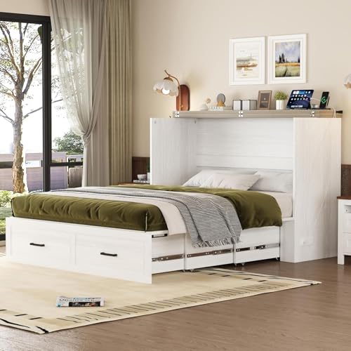 MERITLINE Queen Farmhouse Murphy Chest Bed with Storage Drawers and Charging Station, Wood Folding Hideaway Rustic Murphy Bed Cabinet with Storage for Adults,Space Saving (White)