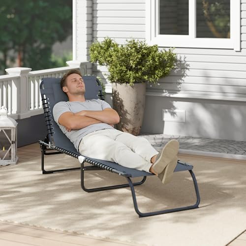 Outsunny Folding Chaise Lounge Chair, Patio Sun Tanning Chair, Outdoor Chaise Lounger with 4-Position Reclining Back, Breathable Mesh Seat for Beach, Poolside, Yard, Gray