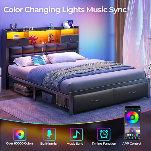 Rolanstar Bed Frame Full Size with Drawers and Charging Station, Upholstered Platform Bed with Storage Headboard and LED Light, Heavy Duty Metal Frame Support, No Box Spring Needed, Noise Free, Black Rolanstar