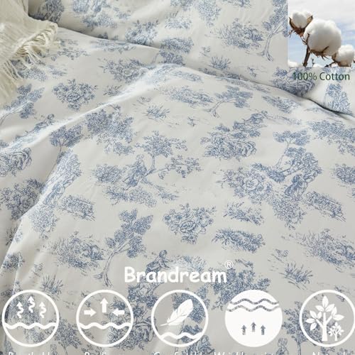 Brandream French Country Garden Toile Floral Duvet Quilt Cover King Size 100% Cotton Bedding Set Toile Tapestry Pattern Blossom Tree Branches Delicate Ruffle Fringe Design Brandream