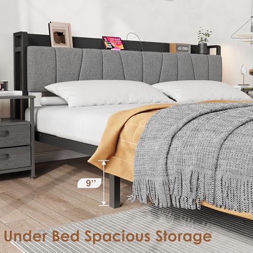 GarveeHome King Size Bed Frame with Storage Headboard, Black King Platform Bed with 2 Large Drawers and Charging Station, Industrial No Box Spring Needed Bedframe GarveeHome