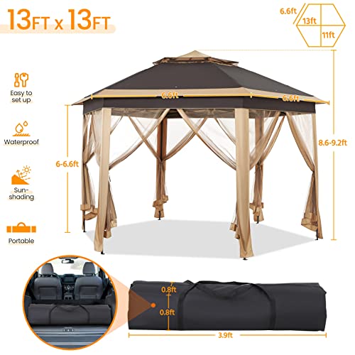 Yaheetech 13x13 Pop up Gazebo, Hexagonal Outdoor Canopy Shelter, Instant Patio Gazebo Sun Shade Canopy Tent with Double Tiers & Mesh Netting for Lawn, Garden, Backyard & Deck, Khaki/Brown Yaheetech