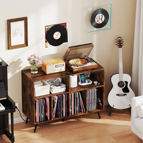 Giantex Large Record Player Stand with Charging Station, Turntable Stand Holds Up to 300 Albums, Record Player Table with Raised Leg, Vinyl Record Storage for Living Room (Rustic Brown) Giantex