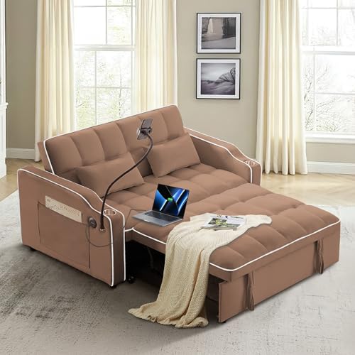 Sleeper Sofa Couch Bed with Phone Holder, Modern 3-in-1 Convertible Velvet Pull Out Loveseat Futon Sofa with USB & Type C Port & Cup Holder for Living Room Bedroom Office KINFFICT
