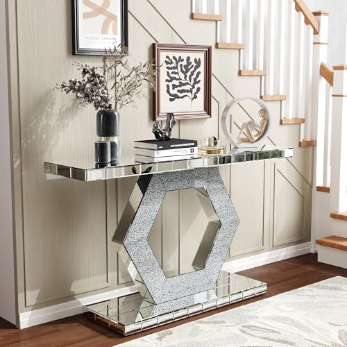 55'' Mirrored Console Table Long Mirrored Sofa Table for Living Room Office, Hexagon Design Crystal Accents, Modern Entryway Console Desk for Hallway Entrance, 55''x14.2'' Glass Top Henf