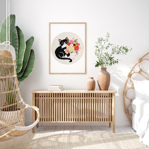 Nuberlic Black Cat Flowers Embroidery Kits for Beginners, DIY Cross Stitch Starter Craft Kits for Adults Including Cloth with Pattern, Hoop, Needles Instruction and Threads
