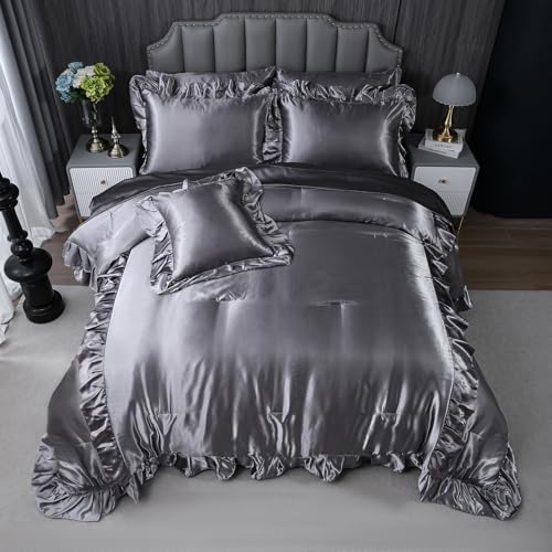 Herside Satin Comforter Set with Sheet Set Queen Size,8 Pieces Grey Ruffle Comforter Silk Like Satin Bedding Set,Soft Smooth Luxury Silky Quilt Set with 1 Cushion Cover All Season Herside