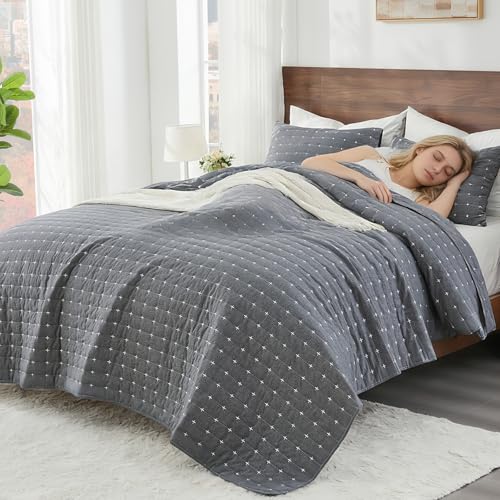 ENJOHOS 100% Cotton King Quilt, King Size Dark Grey Bedspread, Reversible Lightweight Super Coverlet Comforter Bedding with Shams for All Season ENJOHOS