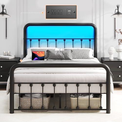 Fluest 14 Inch Full Bed Frame Classic Metal Platform Bed Frame with Charging Station & LED, Victorian Style Iron-Art Headboard/Footboard, Under Bed Storage, No Box Spring Needed, Noise Free Fluest
