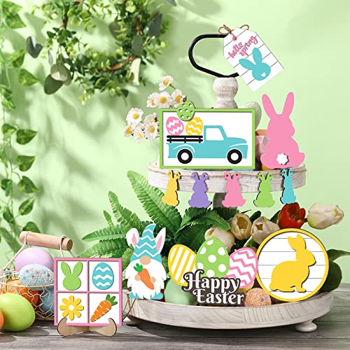 Jetec Tray Decor, 12pcs Bunny Easter Tiered Signs, Wood Gnome Truck Flower Farmhouse Kitchen Decorations, Green, Yellow, Tray not Included Jetec