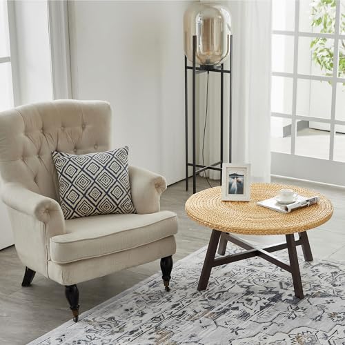 RANDEFURN Coffee Table Round, Seagrass Coffee Tables,Pine Wood X Base Frame Cocktail Table, Easy Assembled, Multiple Sizes for Living Room, Solid Wood Table,32 x 17 Inches,Natural RANDEFURN